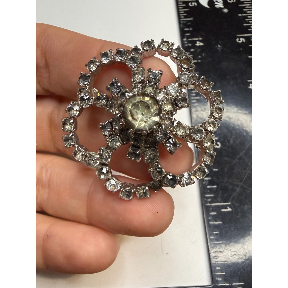 Vintage Star Austria Rhinestone Floral Brooch Silver Tone Smoky Grey 1.75"